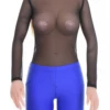 Mock-neck black mesh bodysuit with covered arms and hook-and-eye closure, a fine close everyday layer.