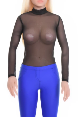 Mock-neck black mesh bodysuit with covered arms and hook-and-eye closure, a fine close everyday layer.