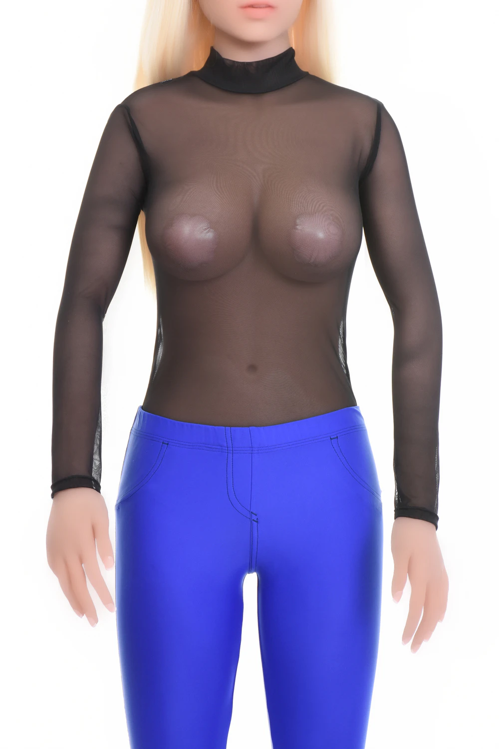 Mock-neck black mesh bodysuit with covered arms and hook-and-eye closure, a fine close everyday layer.
