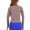 Mock-neck cappuccino mesh bodysuit with lace cuffs and hook-and-eye closure, a light close everyday layer.
