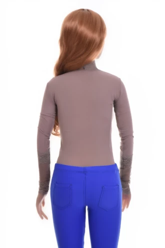Mock-neck cappuccino mesh bodysuit with lace cuffs and hook-and-eye closure, a light close everyday layer.