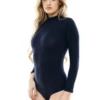 Mock-neck cotton bodysuit with long sleeves and bikini-coverage bottom, warm for cool-weather wear.