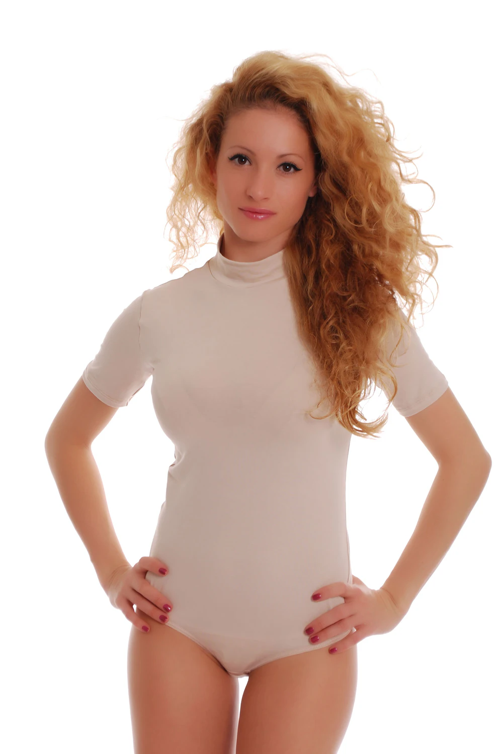 Mock-neck cotton bodysuit with hook-and-eye closure and thong cut, smooth under a blazer or on its own.