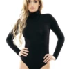 Mock-neck cotton bodysuit with long sleeves and bikini-coverage bottom, warm for cool-weather wear.