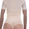 Mock-neck lace bodysuit over sheer mesh with hook-and-eye closure, a lighter covered lace style.