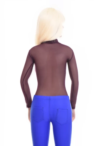 Mock-neck mesh bodysuit with long sleeves, fine and semi-sheer for a close everyday layer.