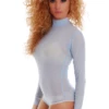 Mock-neck mesh bodysuit with long sleeves, fine and semi-sheer for a close everyday layer.