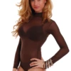 Mock-neck mesh bodysuit with long sleeves, fine and semi-sheer for a close everyday layer.