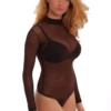 Mock-neck mesh bodysuit with long sleeves, fine and semi-sheer for a close everyday layer.