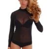 Mock-neck mesh bodysuit with long sleeves, fine and semi-sheer for a close everyday layer.