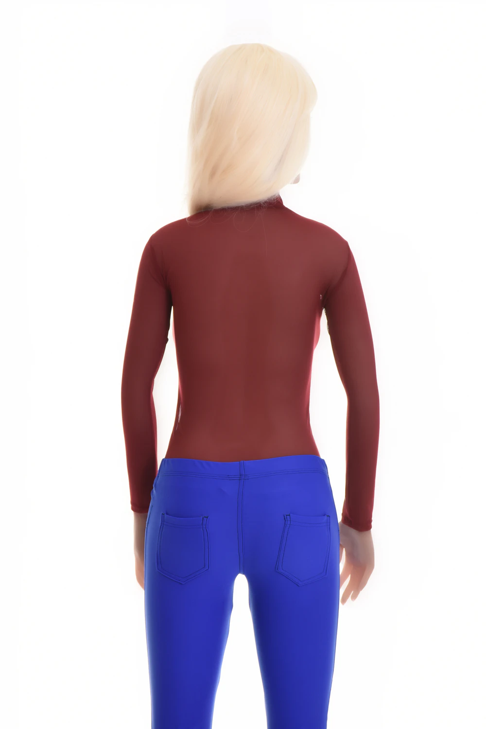 Mock-neck mesh bodysuit with long sleeves, fine and semi-sheer for a close everyday layer.