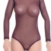 Women's mesh bodysuit with mock neck and long sleeves over a bikini cut, a fine semi-sheer everyday layer.