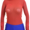 Mock-neck red lace bodysuit over sheer mesh with hook-and-eye closure, a covered-up lace statement.
