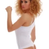 Women's asymmetric one-shoulder cotton bodysuit with a single wide strap and thong cut, an everyday shape.