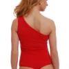 One-shoulder cotton bodysuit by Tiara Galiano with bare shoulder on one side, worn under a blazer or alone.