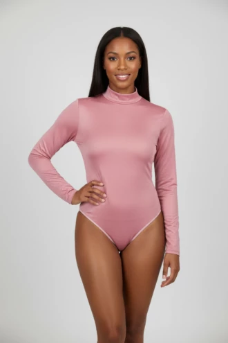 Women's pink mesh bodysuit with a mock neckline, long sleeves and a thong cut in fine semi-sheer mesh.