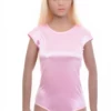 Women's soft pink satin bodysuit with a round neckline, short cap sleeves and a thong cut.