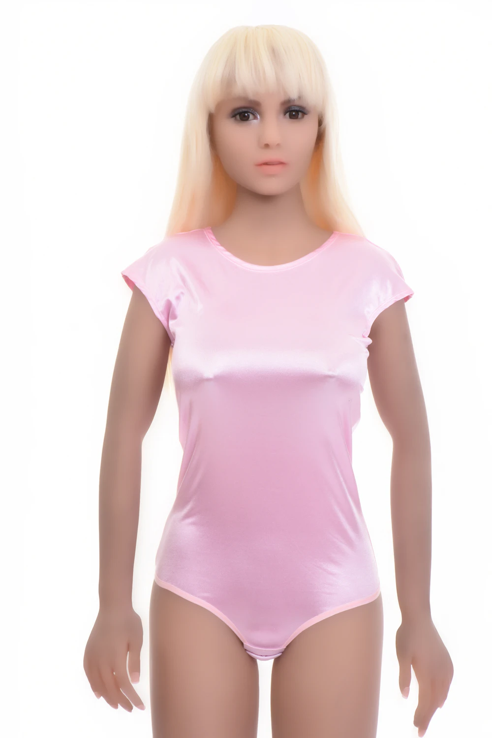 Women's soft pink satin bodysuit with a round neckline, short cap sleeves and a thong cut.