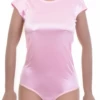 Pink satin T-shirt-style bodysuit with thong back, a smooth polished layer with a quiet shine.