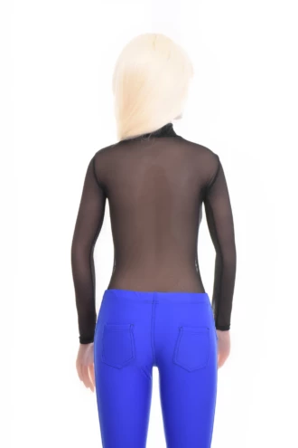 Polo-style black mesh bodysuit with brazilian cut, holds its shape through the day under an open shirt.