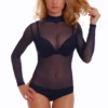 Polo-style mesh bodysuit with covered shoulders and arms and a bikini back for easy coverage.