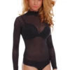 Polo-style mesh bodysuit with covered shoulders and arms and a thong back for a clean line.