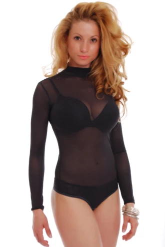 Polo-style mesh bodysuit with covered shoulders and arms and a thong back for a clean line.