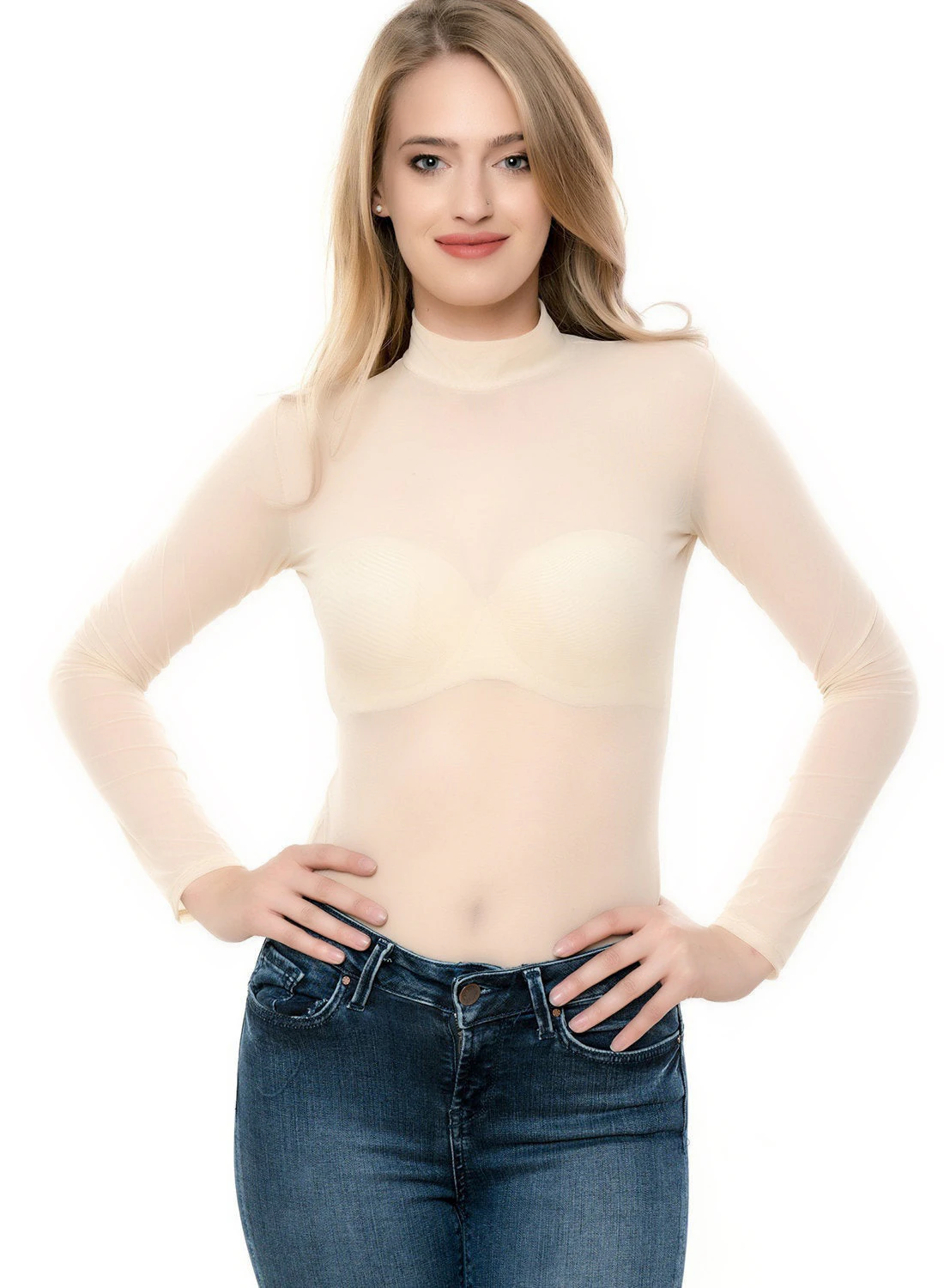 Polo-style mesh bodysuit with covered shoulders and arms and a thong back for a clean line.