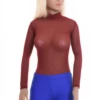 Polo-style mesh bodysuit with covered shoulders and arms and a thong back for a clean line.