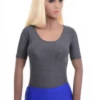 Printed microfiber bodysuit by Tiara Galiano with fleck pattern, a soft neutral under denim or tailoring.