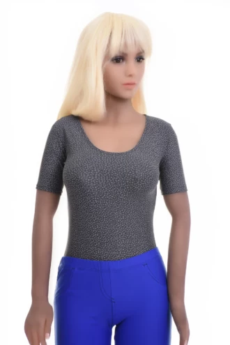Printed microfiber bodysuit by Tiara Galiano with fleck pattern, a soft neutral under denim or tailoring.