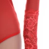 Women's red lace bodysuit over mesh with mock neck and long sleeves, a bold covered-up lace style.