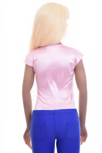 Round-neck satin bodysuit with cap sleeves and hook-and-eye fastening, a polished occasion layer.