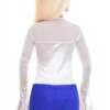 Satin bodysuit with embroidered lace on the shoulders and flared cuffs, an occasion-ready blouse style.