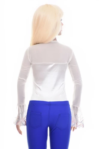 Satin bodysuit with embroidered lace on the shoulders and flared cuffs, an occasion-ready blouse style.