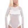 Satin bodysuit with a round neck, long mesh sleeves and a thong back for a clean line under clothing.