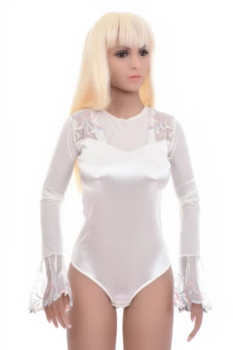 Satin bodysuit with a round neck, long mesh sleeves and a thong back for a clean line under clothing.