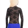 Scoop-neck black lace bodysuit with hook-and-eye closure, worn under a blazer or sheer overshirt.