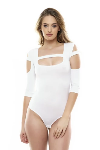 Scoop-neck cotton shirt bodysuit with long sleeves and thong cut, a clean everyday base for women.