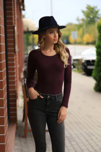 Scoop-neck long-sleeve cotton bodysuit that sits close without restricting, relaxed shirt-style cut.