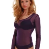 Scoop-neck mesh bodysuit with covered arms and thong back, light and close for everyday wear.