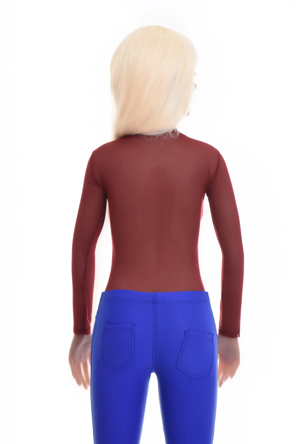 Scoop-neck mesh bodysuit with covered arms and thong back, light and close for everyday wear.