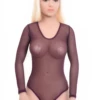 Scoop-neck mesh bodysuit with covered arms and thong back, light and close for everyday wear.