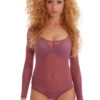 Scoop-neck mesh bodysuit with covered arms and thong back, light and close for everyday wear.