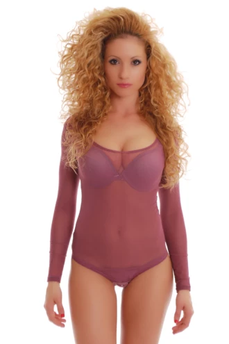 Scoop-neck mesh bodysuit with covered arms and thong back, light and close for everyday wear.