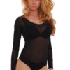 Scoop-neck mesh bodysuit with covered arms and thong back, light and close for everyday wear.