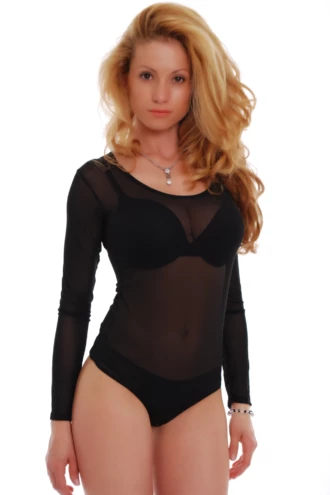 Scoop-neck mesh bodysuit with covered arms and thong back, light and close for everyday wear.