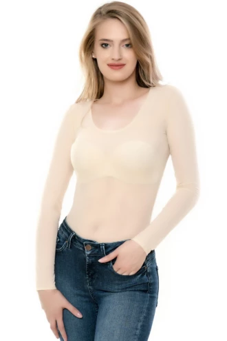 Scoop-neck mesh bodysuit with covered arms and thong back, light and close for everyday wear.