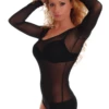Scoop-neck mesh bodysuit with covered arms and hook-and-eye fastening, a fine close everyday layer.