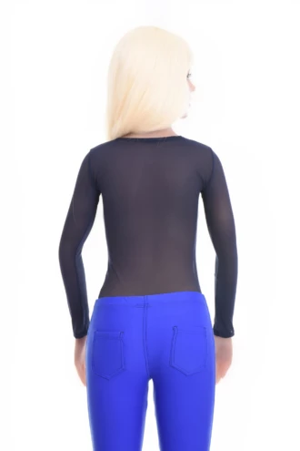 Scoop-neck mesh bodysuit with covered arms and hook-and-eye fastening, a fine close everyday layer.